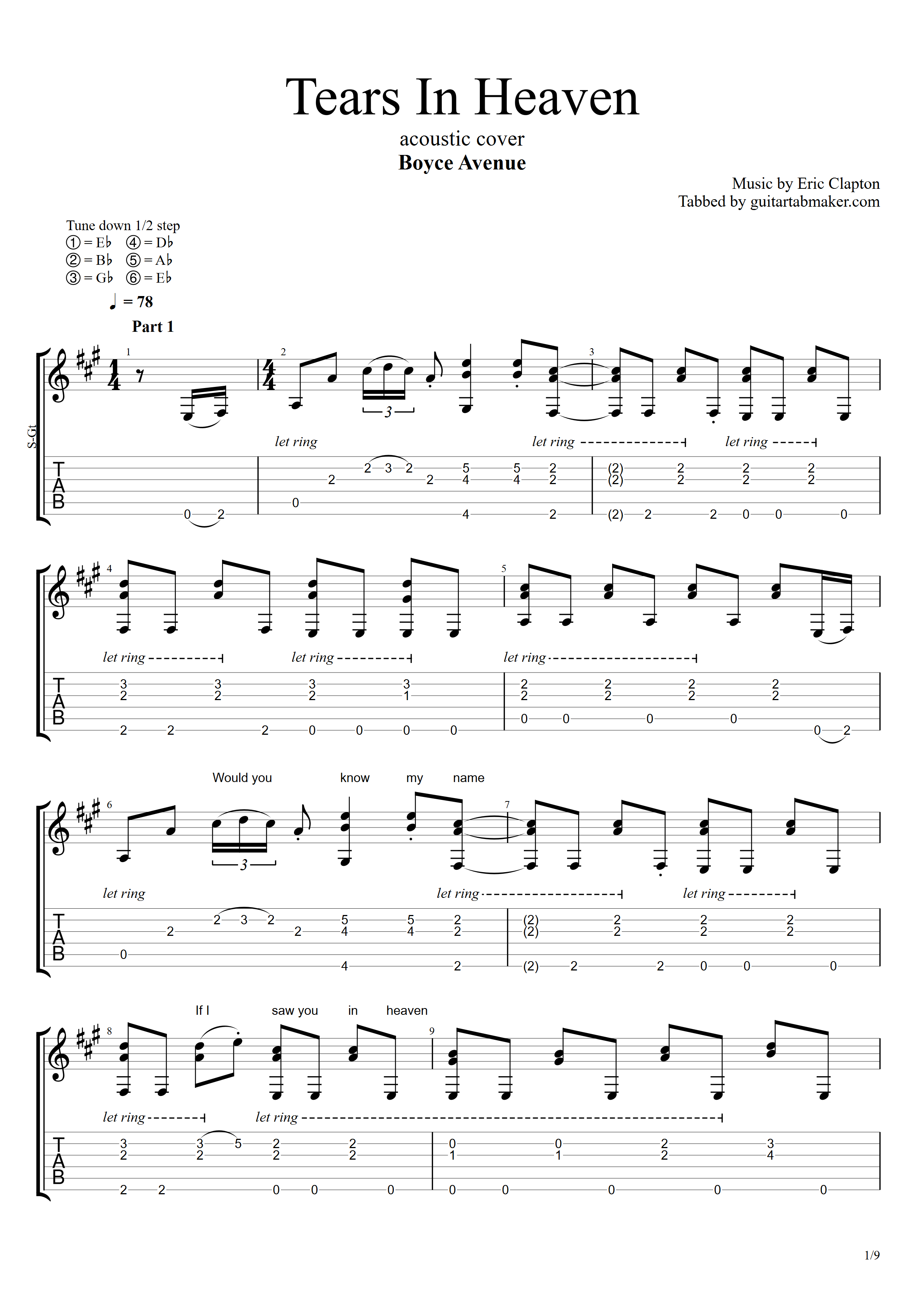 PDF guitar tabs and Guitar Pro tabs: TEARS IN HEAVEN TAB (BOYCE AVENUE)